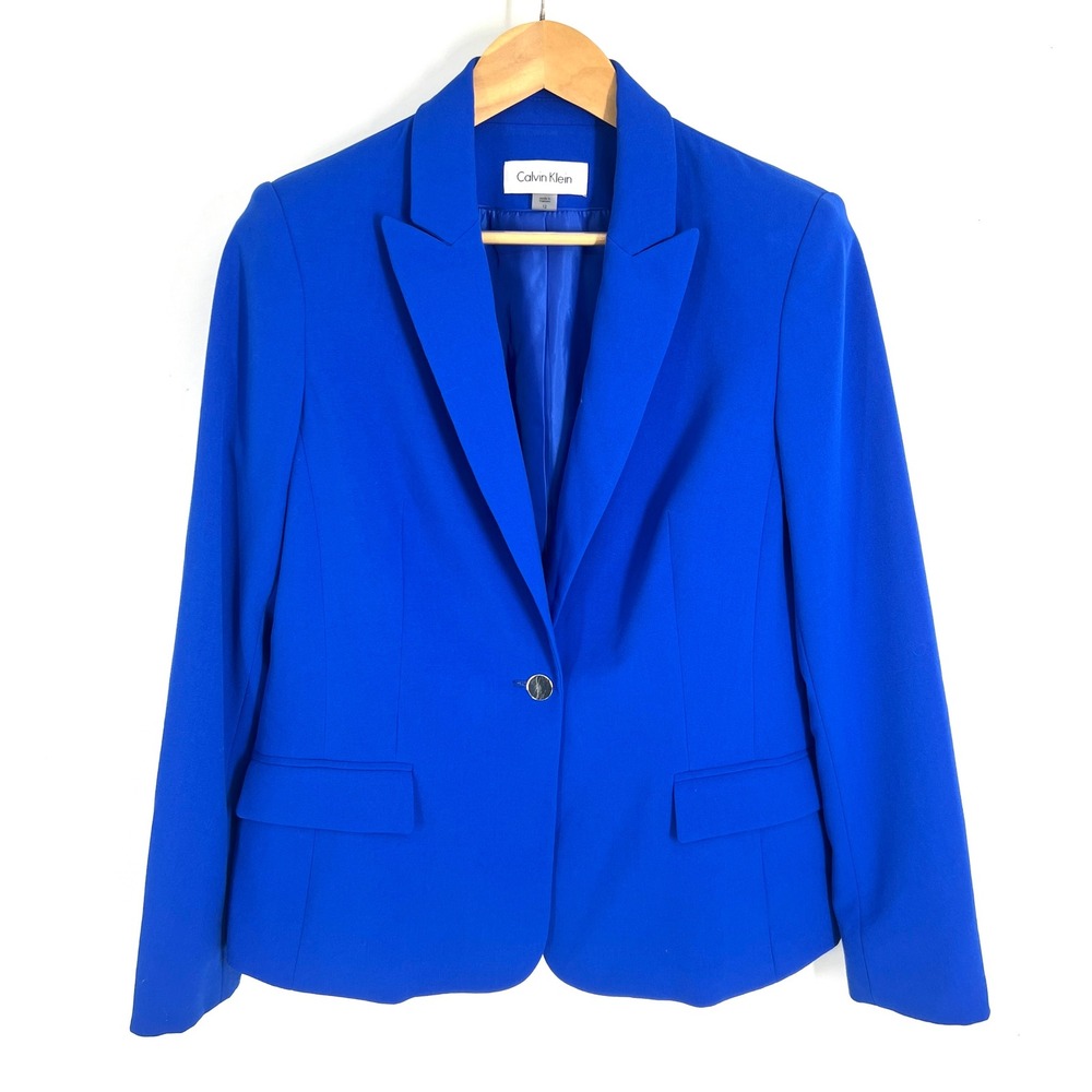Calvin Klein Womens Cobalt Blue Single Button Peak Lapel Blazer Jacket Size 12